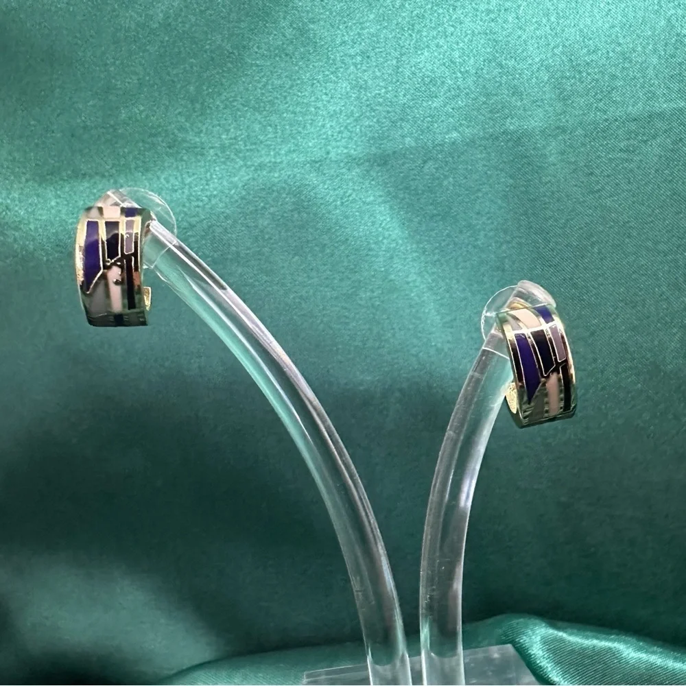 Gold-Plated Enamel Inlay Hoop Earrings • Purple & Lilac Mosaic